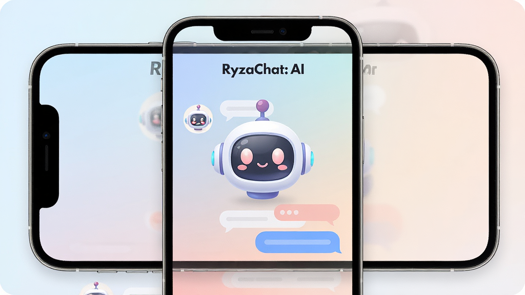 一幅展示智能手机屏幕的图片,屏幕中有一个名为“RyzaChat:AI”的聊天机器人界面,界面风格简洁现代,背景为柔和的渐变色,机器人的头像是一个可爱的卡通形象,旁边有对话气泡,整体布局清晰,排版整洁,画质高清,干净无多余元素
