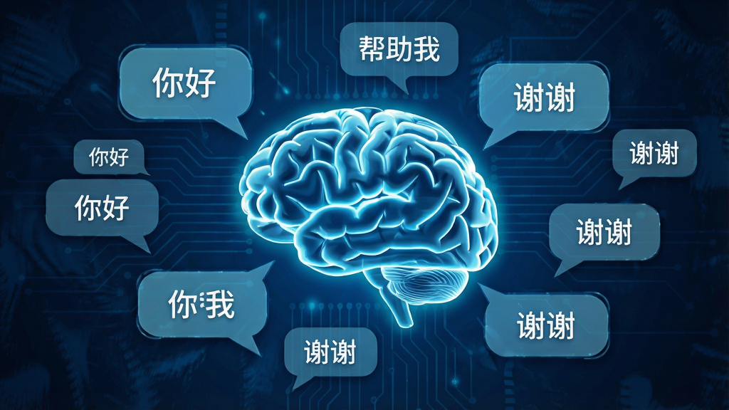 一张展示AI大脑与对话元素结合的创意图片,中央是一个发光的数字大脑,周围环绕着各种语言气泡,气泡内写有“你好”、“帮助我”、“谢谢”等文字,背景为深蓝色科技感纹理,布局大气,排版有层次,风格抽象,细节丰富,画质清晰,干净无多余元素