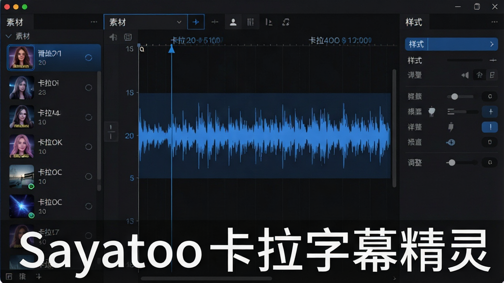 一张现代简约风格的软件界面预览图,主界面分为左侧素材列表、中间波形编辑区与右侧样式调整面板,深色主题搭配蓝色高亮线条,清晰展示卡拉OK字幕的逐字时间轴对齐过程,界面干净整洁,无多余元素,画质细腻,突出“Sayatoo卡拉字幕精灵”的软件名称水印。