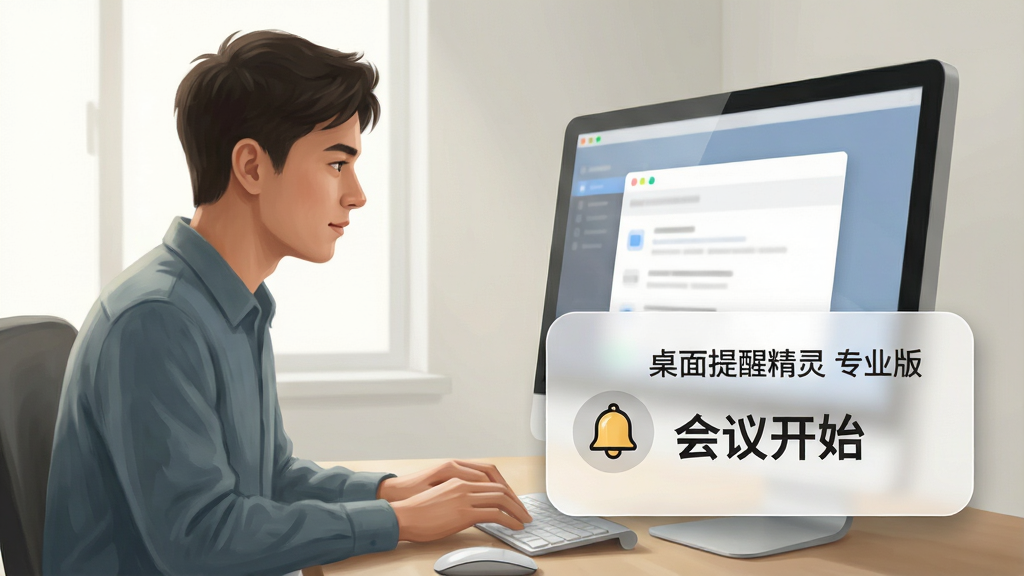 主体:电脑屏幕前一位用户正专注工作,屏幕右下角弹出半透明提醒卡片;布局:人物在左,屏幕在右,提醒卡片放大特写;排版:卡片上清晰显示“桌面提醒精灵 专业版”和“会议开始”文字;风格:写实插画风,柔和自然光;细节:卡片带有圆角阴影和铃铛图标,画质:高分辨率,干净整洁