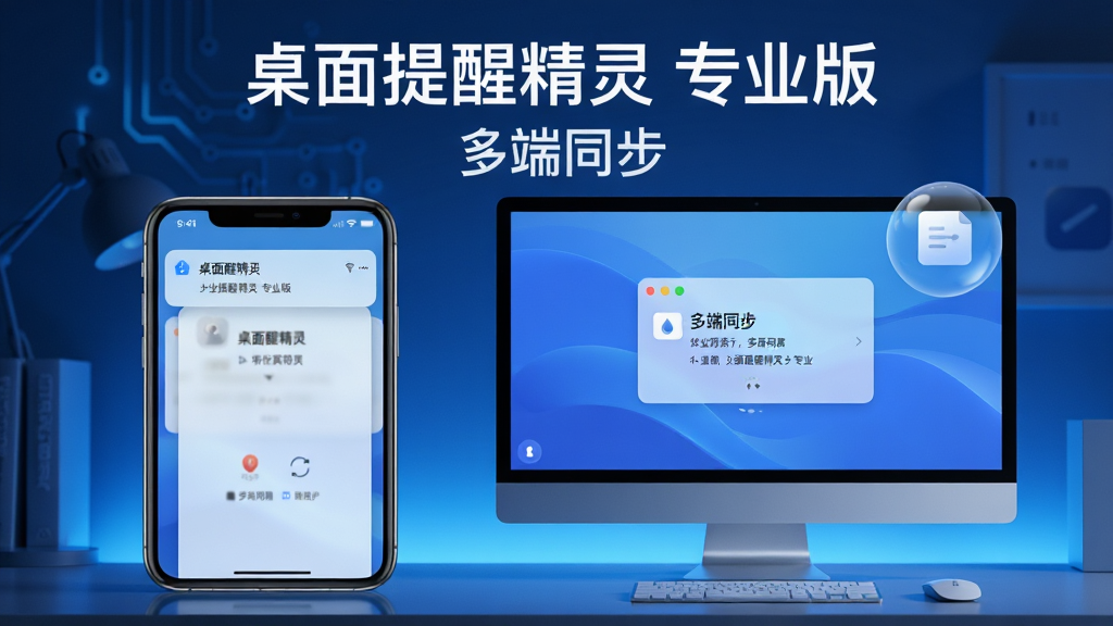主体:一部手机和一个电脑显示器并排摆放,屏幕上显示相同的提醒界面;布局:左右对称,手机在左,电脑在右;排版:画面上方有“桌面提醒精灵 专业版”字样,下方有“多端同步”文字;风格:现代科技感,蓝色调;细节:手机上有通知栏提醒,电脑上有悬浮球,画质:高清,干净明亮