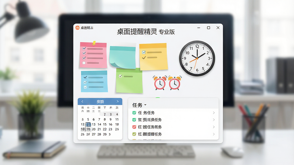 主体:一款精致的桌面提醒软件界面悬浮在电脑桌面上,显示着彩色便签和时钟;布局:主体居中,桌面背景为模糊的办公场景,便签排列错落有致;排版:上方显示“桌面提醒精灵 专业版”字样,下方有日历和任务列表;风格:扁平化设计,色彩明亮清新,细节:便签上有勾选清单和闹钟图标,画质:高清渲染,干净无多余元素