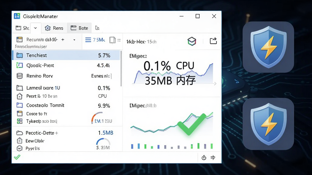 主体:任务管理器界面显示桌面提醒精灵进程占用极低,旁边有绿色对勾;布局:左侧为任务管理器列表,右侧为软件小图标;排版:突出显示“0.1% CPU”和“35MB 内存”数据;风格:科技感深色背景,数据图表简洁;细节:软件图标带有盾牌和闪电标识,画质:清晰锐利,无多余元素