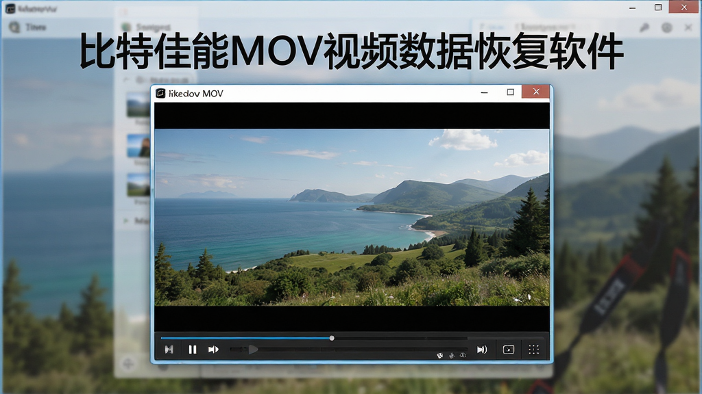 电脑屏幕中显示MOV视频预览窗口,画面为一台佳能相机拍摄的风景片段,视频播放控件清晰可见,软件主界面半透明背景,主体文字“比特佳能MOV视频数据恢复软件”置于顶部,布局居中,排版清爽,风格写实,细节丰富,画质细腻,干净无多余元素