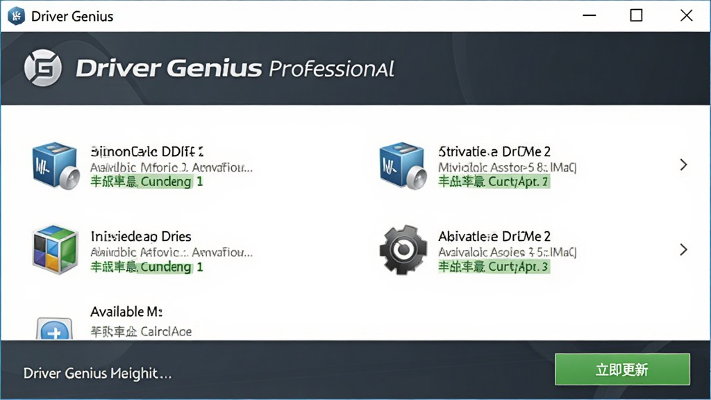 Driver Genius Professional 驱动更新界面,显示多个硬件设备驱动有可用更新,界面有“立即更新”按钮,风格简洁,图标清晰,背景为浅色,突出软件窗口,画质干净,无多余元素