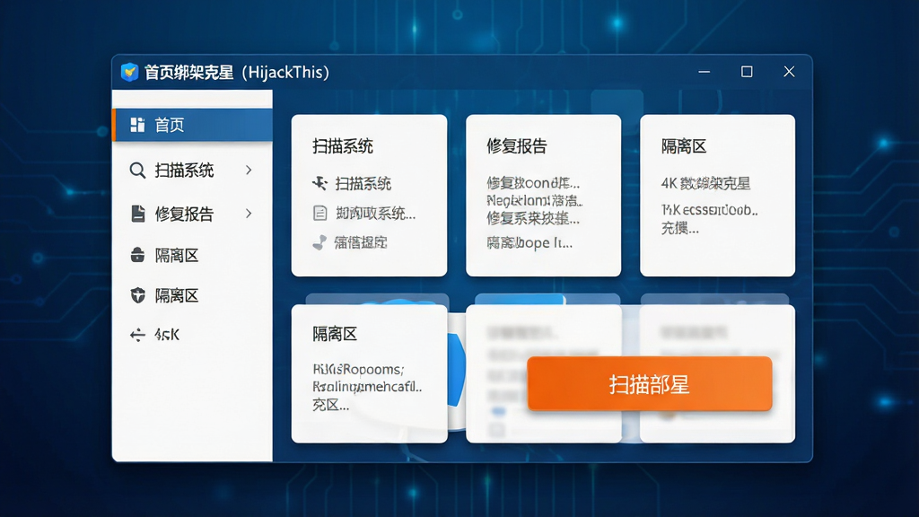 主体:一款名为“首页绑架克星(HijackThis)”的电脑安全工具软件界面悬浮在屏幕中央,背景是深邃的科技蓝渐变。布局:左侧是清晰的功能导航栏,右侧是信息展示区。排版:界面设计简洁,采用卡片式布局,扫描按钮采用醒目的橙色。风格:现代扁平化设计风格,带有微量的拟物阴影效果。细节:界面上的文字标签清晰可见,包括“扫描系统”、“修复报告”、“隔离区”等字样。画质:4K超高清渲染,画面干净,无多余元素。