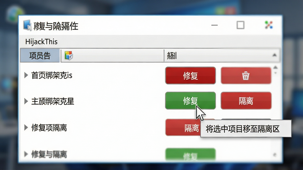主体:首页绑架克星(HijackThis)软件的“修复与隔离”操作界面特写。布局:界面中央是一个项目列表,每个项目右侧有“修复”和“隔离”两个按钮。排版:按钮设计醒目,采用红绿两色区分。风格:界面风格干净利落,强调功能性。细节:鼠标光标正悬停在“隔离”按钮上,同时一个工具提示框弹出显示“将选中项目移至隔离区”。画质:清晰的UI界面渲染,细节丰富,背景虚化,突出主体,画面干净。