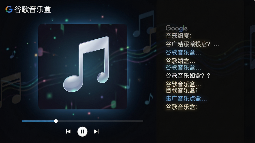 主体:谷歌音乐盒正在播放一首歌的界面,显示大尺寸专辑封面与歌词;布局:中央为封面,下方为进度条与控制按钮,右侧为歌词滚动;排版:左右布局,视觉平衡;风格:暗色背景配发光特效,营造沉浸感;细节:歌词逐行高亮,界面显示“谷歌音乐盒”logo;画质:高对比度,干净无多余元素