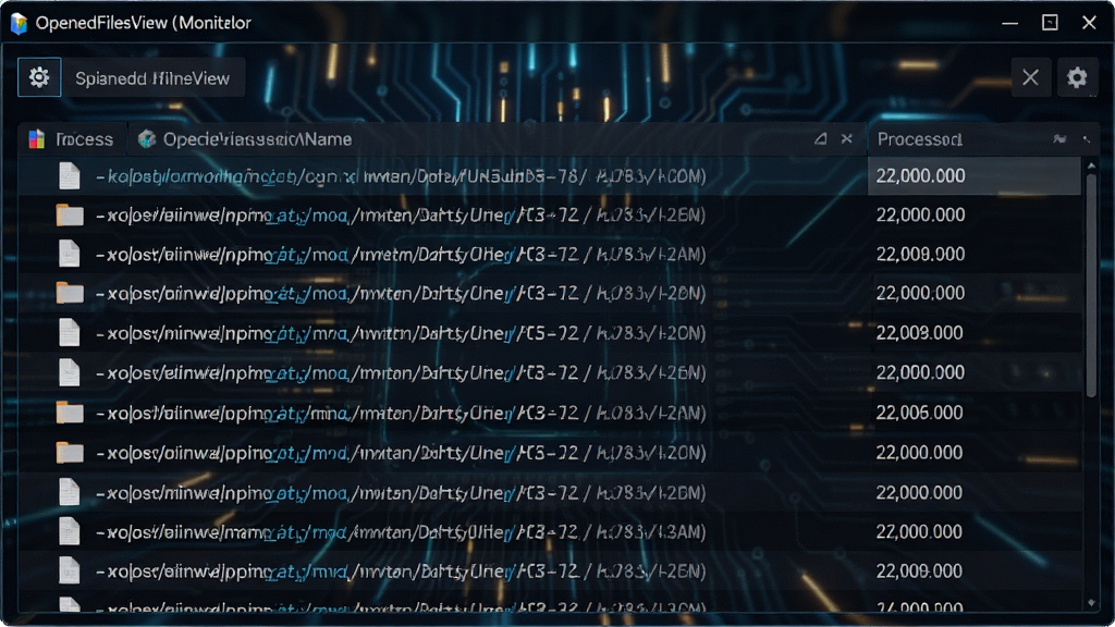 OpenedFilesView实时监控界面,显示文件路径和进程名称,布局规整,风格科技感,细节丰富,画质高清,无多余元素