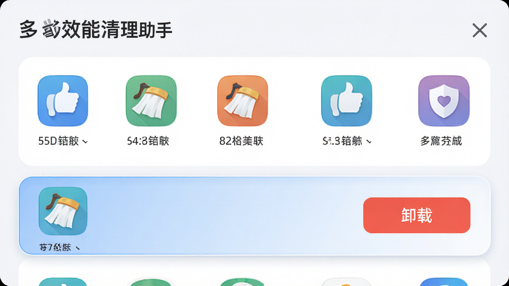 多效能清理助手软件管理界面,展示手机应用列表,每个应用图标下方显示大小,其中一个应用高亮显示并带有“卸载”按钮,背景为干净的浅色卡片式布局,整体风格清爽,画质高清,突出“多效能清理助手”名称。
