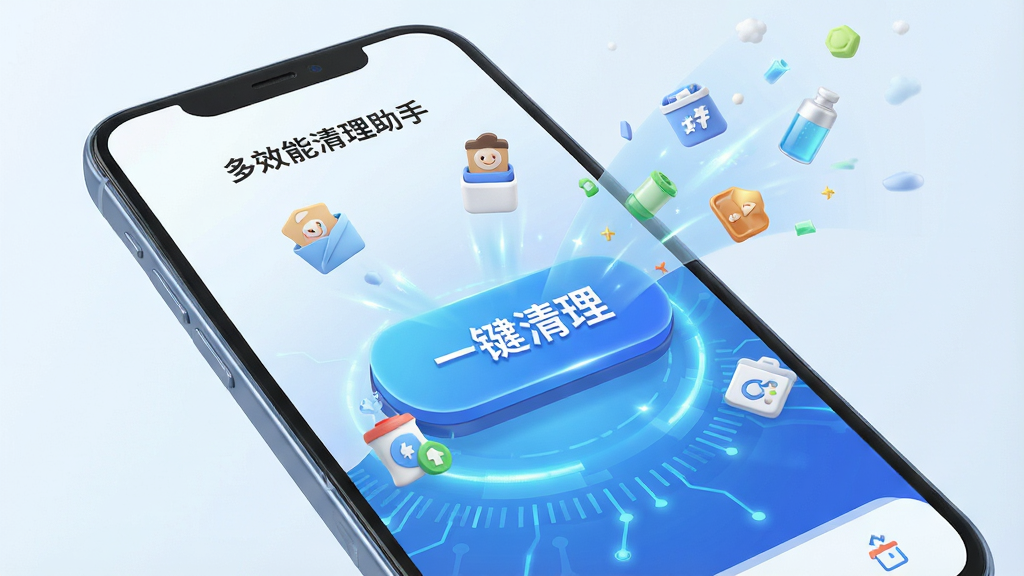 一张手机屏幕的3D渲染图,屏幕中显示多效能清理助手的简洁主界面,中心有巨大的“一键清理”按钮,周围环绕着垃圾文件、缓存、内存等图标被吸入净化,背景是渐变的蓝色科技感光效,整体风格干净明亮,画质高清,细节丰富,无多余元素,突出“多效能清理助手”名称。