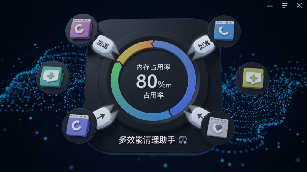 多效能清理助手界面中内存加速功能的3D图标,中央显示内存占用率环形图,周围有多个后台进程图标被“加速”按钮推动,背景为动态蓝色粒子特效,风格现代简洁,画质清晰,无多余元素,带“多效能清理助手”字样。