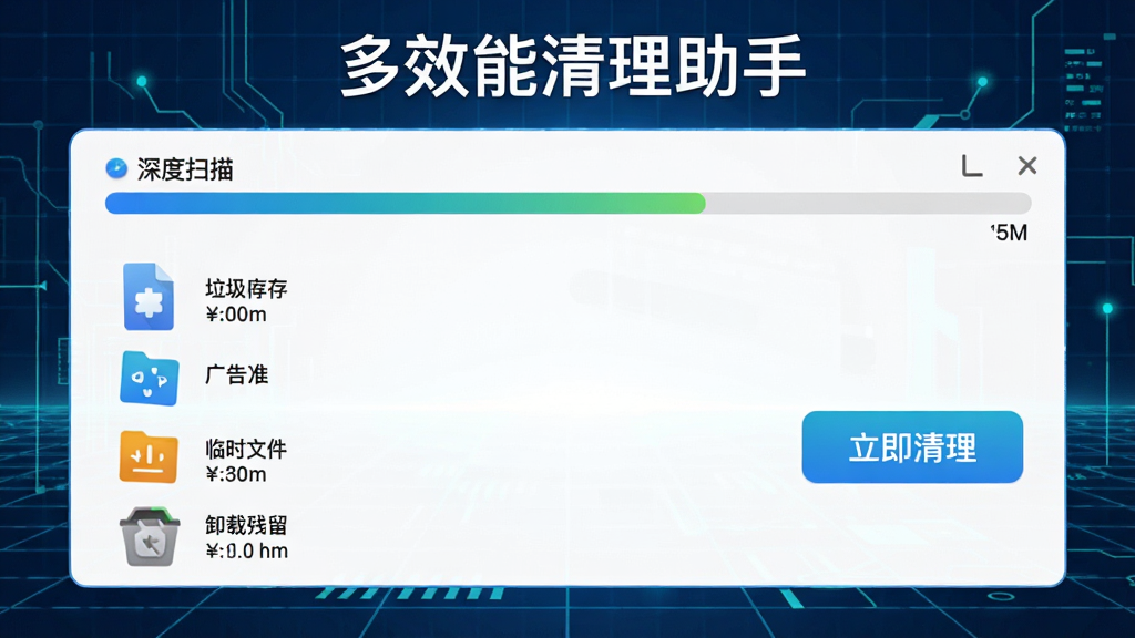 多效能清理助手应用界面截图风格,上方显示“深度扫描”进度条,下方列出各类垃圾文件图标和大小,包括缓存、广告、临时文件、卸载残留,旁边有“立即清理”按钮,背景为科技感网格,整体色彩明亮,画质干净,突出“多效能清理助手”名称。