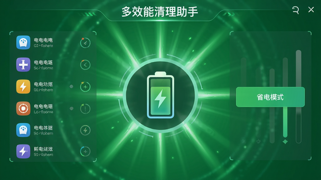 多效能清理助手电池优化功能界面,中央显示电池图标,周围有耗电应用列表和“省电模式”选项,背景为绿色渐变的能量光束,整体风格科技感强,画质干净,无多余元素,带“多效能清理助手”字样。