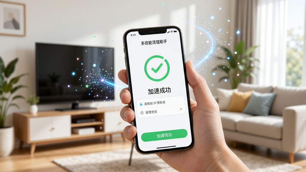 多效能清理助手使用场景图,一只手拿着手机,屏幕上显示清理完成后的“加速成功”页面,周围有飘散的粒子效果,背景为明亮客厅,风格写实,画质高清,带“多效能清理助手”名称。