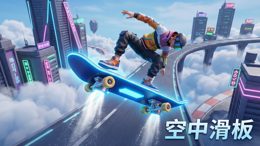 一幅充满未来科技感的3D游戏宣传图,主体是一块发着蓝色光芒的悬浮滑板,滑板下方有反重力引擎喷射出白色粒子流,背景是漂浮在云层中的城市赛道,高楼大厦与霓虹灯交织,玩家角色穿着潮流运动服站在滑板上做出腾空翻跃动作,画面采用45度俯视视角,构图中心突出滑板与人物,色彩明亮鲜艳,细节丰富,画质高清,干净无多余元素,图片中带有“空中滑板”字样