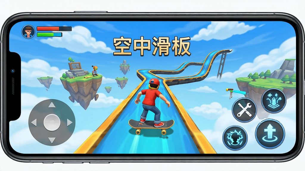 游戏运行截图,主体是手机横屏显示的空中滑板游戏画面,屏幕上显示赛道与角色,右侧有技能按钮,左下角有虚拟摇杆,画面清晰,色彩鲜艳,背景是蓝天白云与悬浮岛屿,采用正面平视构图,细节丰富,画质高清,干净无多余元素,图片中带有“空中滑板”字样