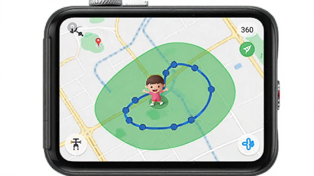 360电话手表定位功能界面,地图上显示孩子位置,绿色安全区域,蓝色轨迹线,界面清晰,科技感,高清画质,干净无多余元素