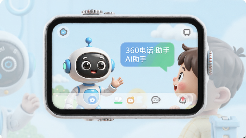 360电话手表AI助手界面,机器人卡通形象,与孩子对话,教育风格,色彩柔和,高清渲染,干净背景