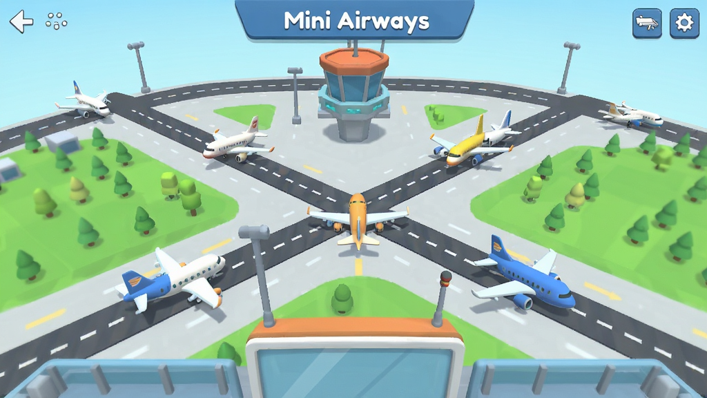 游戏主界面截图,展示Mini Airways的极简风格机场,多条飞机航线交错,几架卡通风格的飞机正在起降,塔台视角俯瞰全局,画面干净,色彩明快,UI清晰,画质高清,无多余元素