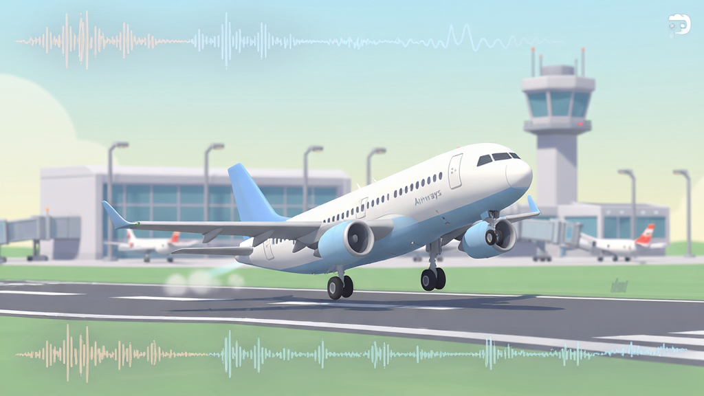 游戏音效与画面展示,Mini Airways游戏界面,一架飞机正在跑道上滑行起飞,背景是极简风格的航站楼和塔台,界面干净,色彩柔和,音效波形图装饰,画质清晰,无多余元素