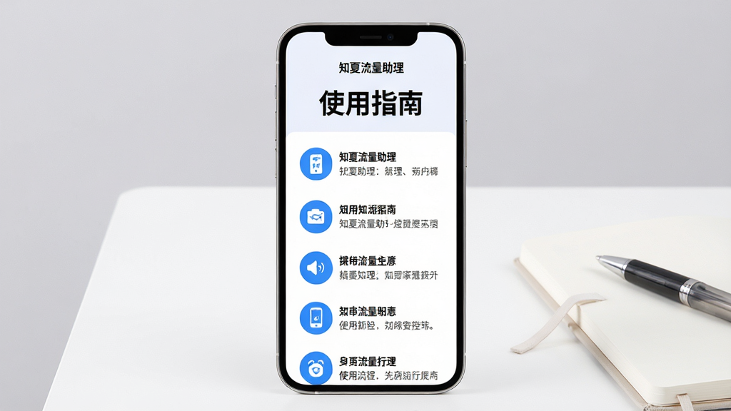画面主体为一部手机竖屏显示“知夏流量助理”的“使用指南”页面,页面顶部有“使用指南”大标题,下方列出几条操作步骤,每步都有简短的文字说明和图标。手机置于简洁的白色书桌上,旁边有一本笔记本和一支笔。布局为手机居中,背景为淡灰色。排版为步骤列表清晰,文字为黑体,图标为蓝色圆形。风格为清新简约的说明书风格,细节中突出“知夏流量助理”字样,画质为高清渲染,干净明亮,无多余元素。