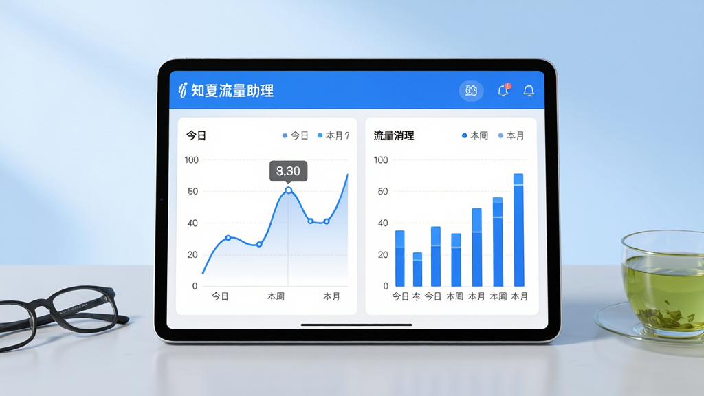 画面主体为一部平板电脑横屏显示“知夏流量助理”的流量统计图表页面,图表包含折线图和柱状图,展示不同时段的流量消耗。平板电脑放置在浅灰色桌面上,旁边有一副眼镜和一杯绿茶。布局为平板居中,背景有柔和的浅蓝色渐变。排版为图表数据清晰可读,坐标轴标签为“今日”“本周”“本月”。风格为科技感现代风格,蓝白主色调,细节中突出“知夏流量助理”品牌字样。画质为超清渲染,干净整洁,无多余元素。