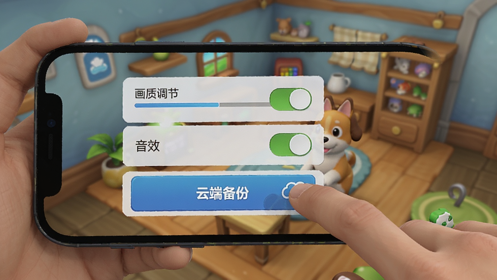 手机屏幕上显示游戏内设置菜单界面,选项包括画质调节、音效开关、云端备份按钮,背景为游戏内的宠物房间,一只手正在点击云备份选项,布局清晰,风格简洁,细节展示开关按钮状态,画质干净无多余元素。