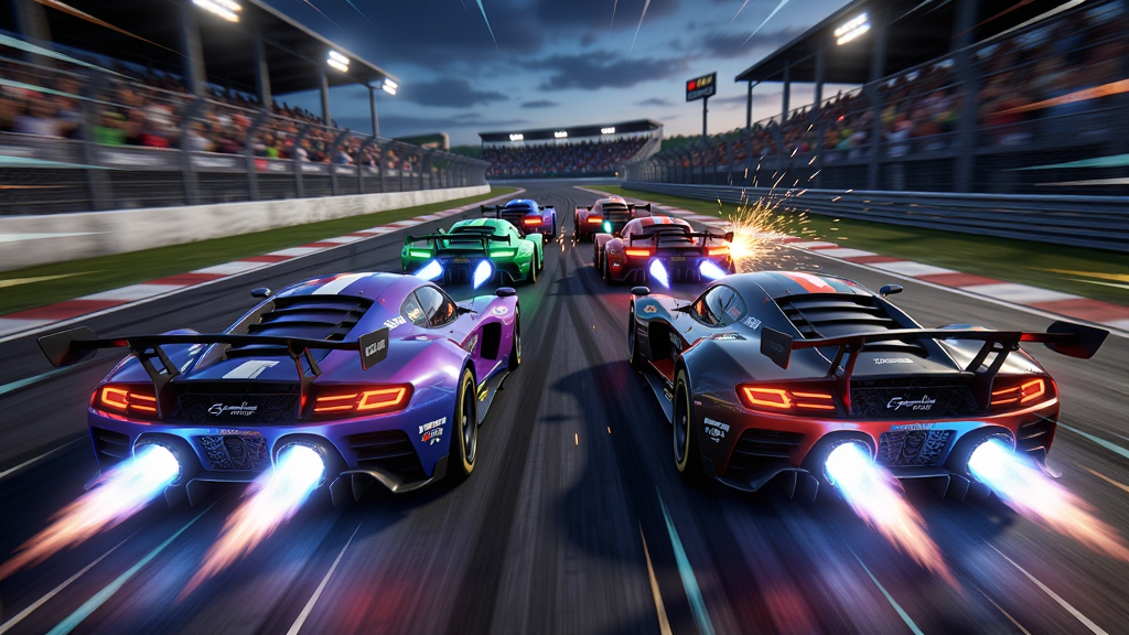 主体:Cyberline Racing多人对战画面,多辆赛车在赛道并排竞速,氮气特效绚烂。布局:赛车横向排列,赛道向远方延伸。排版:第三人称追尾视角,展现激烈竞争。风格:动感十足,色彩鲜艳,速度线特效。细节:赛车尾焰喷射,碰撞火花,观众看台灯光。画质:高帧率渲染,画面干净,无多余元素。