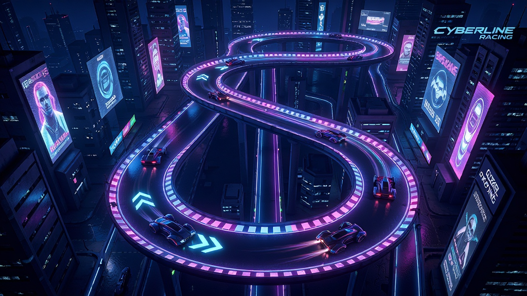 主体:Cyberline Racing游戏赛道俯瞰图,蜿蜒的霓虹赛道穿过未来城市,两侧高楼与全息广告牌。布局:赛道呈S形,占据画面主体,城市景观环绕。排版:俯视视角,展现赛道全貌。风格:赛博朋克夜景,蓝紫粉色调,灯光璀璨。细节:赛道上有发光箭头指示,赛车点缀其间,光影反射强烈。画质:高分辨率,画面干净,无多余元素。