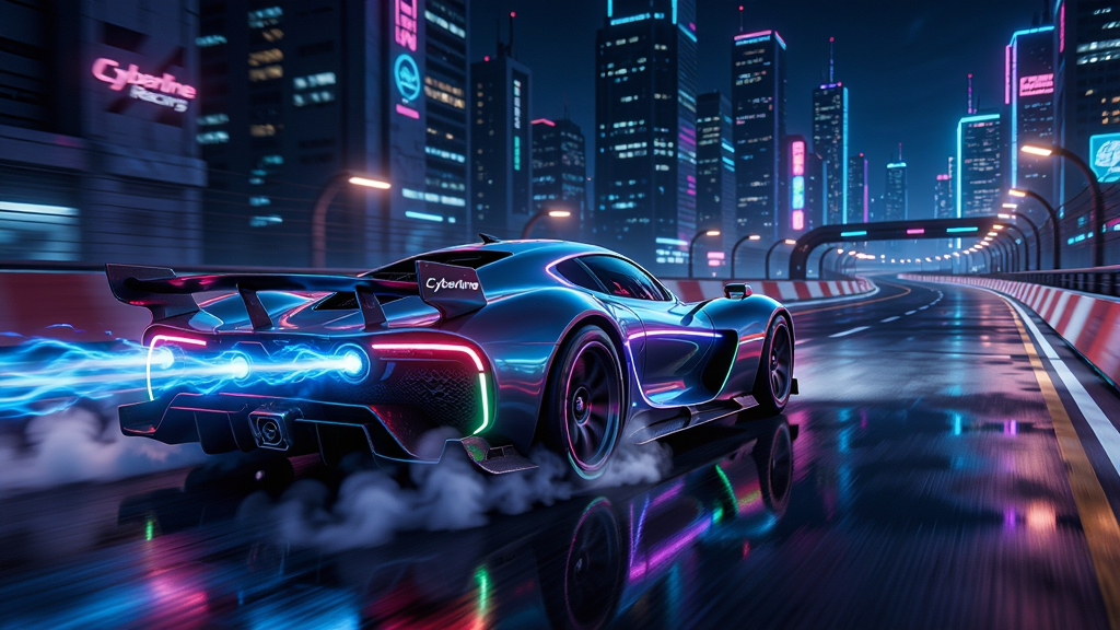 主体:Cyberline Racing游戏主视觉,一辆流线型科幻赛车在霓虹都市赛道飞驰,车尾拖曳蓝色能量光轨。布局:赛车居中偏左,赛道向右延伸,背景高楼林立。排版:画面简洁,焦点集中在赛车与赛道。风格:赛博朋克未来风,高饱和霓虹色调,光影对比强烈。细节:赛车表面有发光线条,轮胎冒烟,路面积水反射灯光。画质:8K超清,细节丰富,干净无多余元素。