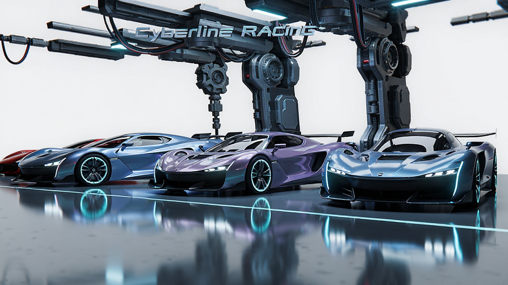 主体:Cyberline Racing游戏车库界面,多辆科幻跑车并排展示,车身线条流畅,灯光反射。布局:车辆一字排开,背景为车库机械结构。排版:展示车辆侧面与正面。风格:未来科技感,冷色调搭配霓虹点缀。细节:车辆细节精致,轮毂发光,地面反光。画质:高清渲染,干净背景,无多余元素。