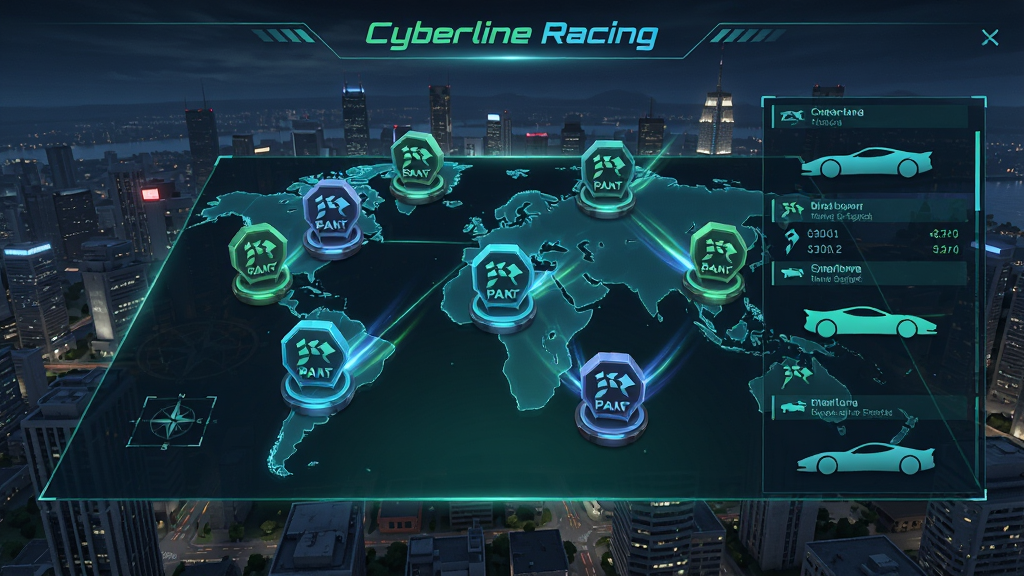 主体:Cyberline Racing生涯模式赛事选择界面,地图上多个赛事图标闪烁。布局:地图居中,赛事图标分布,背景为城市俯瞰。排版:UI清晰,图标立体。风格:未来全息投影风格,蓝绿配色。细节:赛事信息面板,车辆剪影,动态光效。画质:高清UI,干净界面,无多余元素。
