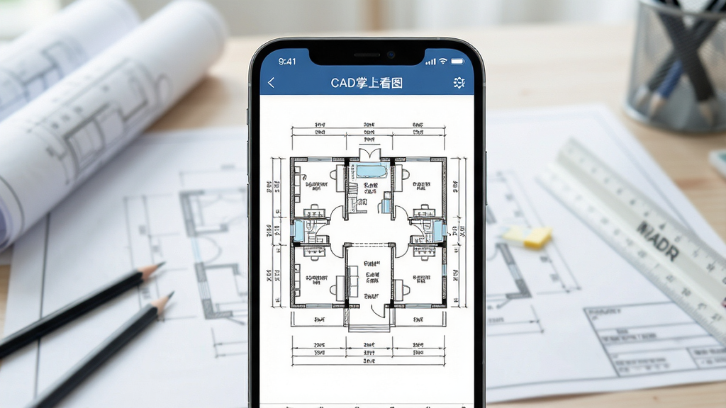主体:一部智能手机屏幕展示CAD掌上看图APP界面,界面中显示一张复杂的建筑平面图,线条清晰、标注详细。布局:手机居中,屏幕内容突出,周围有简洁的办公桌面环境,可能有图纸、铅笔、直尺等元素点缀。排版:手机屏幕为视觉焦点,背景虚化,突出APP界面。风格:现代科技感,明亮通透,色彩真实。细节:屏幕中的图纸线条锐利,尺寸标注文字可辨认,界面顶部有“CAD掌上看图”字样。画质:4K高清,干净,无多余元素。