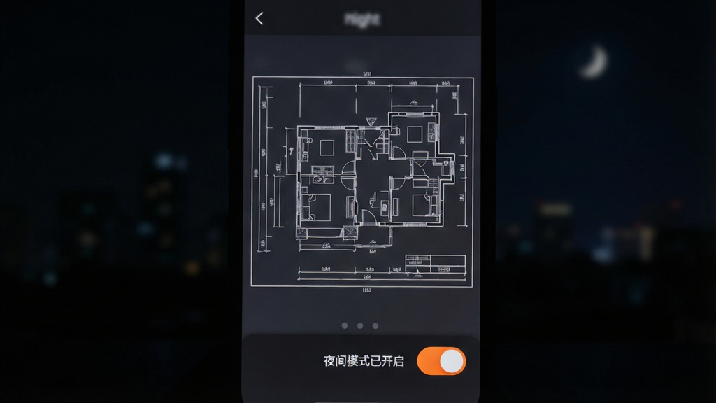 主体:手机屏幕显示夜间模式下的图纸界面,整体为深灰色调,图纸线条为白色,界面底部有夜间模式开关。布局:手机居中,背景为暗色,营造夜间氛围。排版:界面简洁,线条清晰,开关按钮高亮。风格:暗色系、护眼、舒适。细节:屏幕亮度柔和,图纸细节仍清晰可见,开关按钮为橙色,显示“夜间模式已开启”。画质:高清,干净,无多余元素。