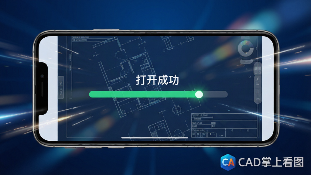 主体:一张智能手机横屏显示打开一个超大CAD图纸文件,加载进度条快速完成,周围有速度线条特效。布局:手机居中,背景为深蓝色科技感渐变,右下角有“CAD掌上看图”的Logo水印。排版:手机屏幕占据画面主体,加载完成的界面清晰可见。风格:速度感、科技感、动态。细节:屏幕上显示图纸局部,线条清晰,加载完成提示“打开成功”,背景有虚化的光影效果。画质:高清,干净,无多余元素。