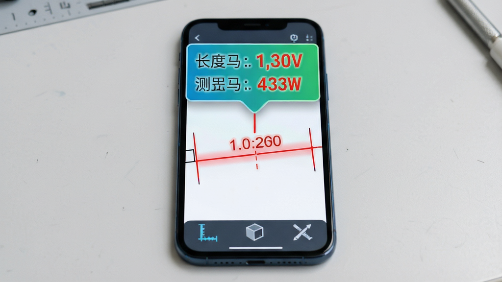 主体:手机屏幕显示CAD图纸中的一段线段,上方悬浮着测量结果标签,显示长度和角度数据。布局:屏幕中央是图纸局部,测量结果标签悬浮在图纸上方,背景为浅灰色工作台。排版:图纸清晰,测量标签醒目,颜色鲜艳。风格:专业、简洁、实用。细节:测量线为红色高亮,数据字体清晰,界面底部有测量工具图标。画质:高清,干净,无多余元素。