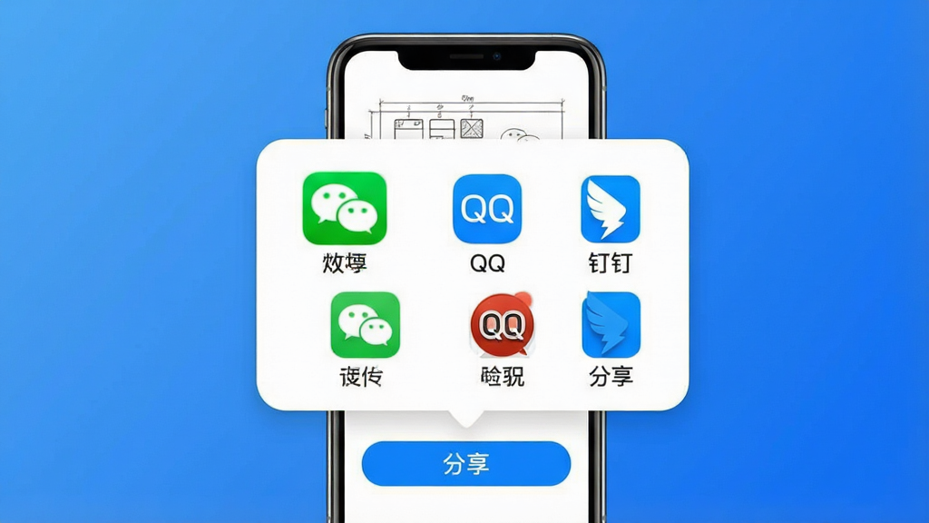 主体:手机屏幕显示一张图纸,下方有“分享”按钮,点击后弹出分享菜单,包含微信、QQ、钉钉等图标。布局:手机居中,分享菜单以气泡形式弹出,背景为渐变蓝色。排版:菜单图标排列整齐,颜色鲜明。风格:现代、社交化、便捷。细节:微信图标为绿色,QQ图标为蓝色,钉钉图标为蓝色,每个图标下方有文字标识。画质:高清,干净,无多余元素。