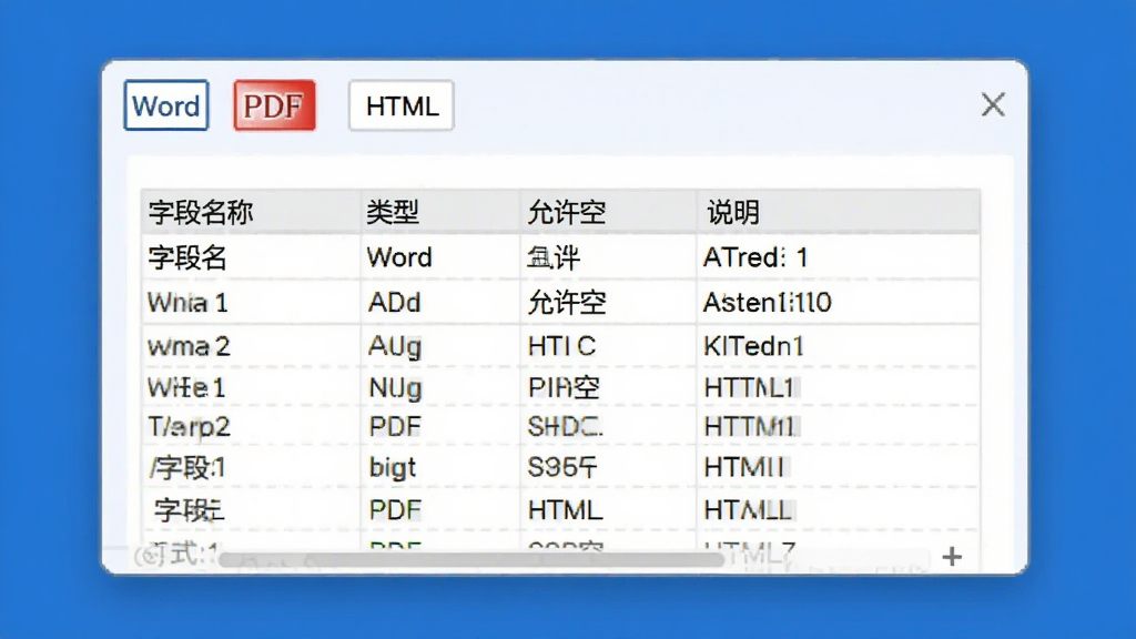 数据库设计伴侣导出文档的界面示意图,界面中显示一个文档预览窗口,内容为数据字典表格,包含字段名、类型、允许空、说明等列,窗口上方有导出格式选项(Word、PDF、HTML),背景为纯色,整体风格简洁明快,画质干净。