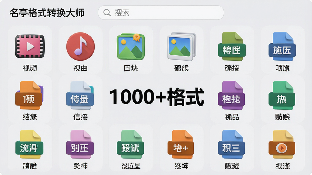 主体:名亭格式转换大师的格式选择界面,展示多种格式图标;布局:网格状排列各种格式图标,中心位置突出显示“1000+格式”字样;排版:图标均匀分布,每个图标下方标注格式名称,整体排列整齐有序;风格:扁平化图标设计,色彩丰富但不凌乱,背景为浅灰色;细节:格式图标包括视频、音频、图片、文档四大类,每个图标有立体质感,上方有搜索框;画质:高清细节,干净整洁,无多余元素。