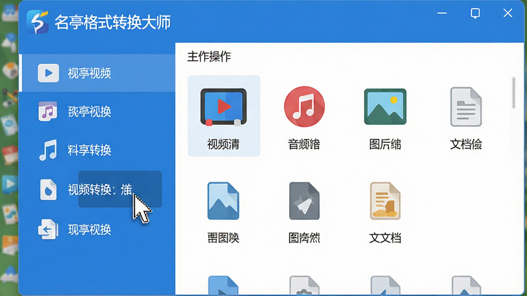 主体:名亭格式转换大师软件主界面,展示多格式转换功能面板;布局:居中展示软件窗口,左侧功能列表,右侧操作区域,上方有软件logo和名称“名亭格式转换大师”;排版:清晰的分栏结构,图标与文字结合,整体界面干净整洁;风格:现代扁平化设计,蓝色主色调,搭配白色背景,简洁大方;细节:窗口中有视频、音频、图片、文档等格式图标,鼠标指针悬停在“视频转换”按钮上;画质:高清渲染,画面明亮,无多余元素。