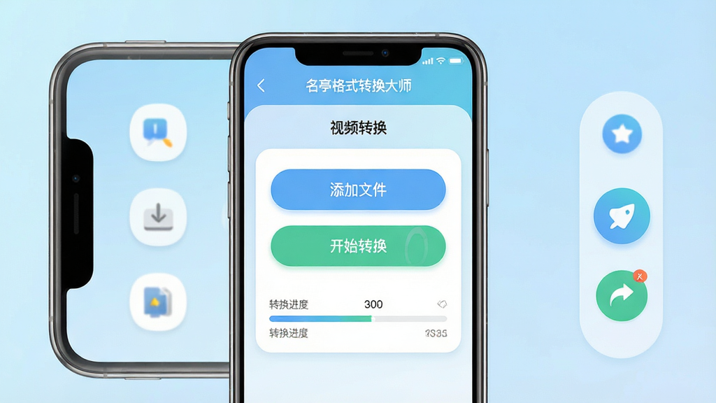 主体:名亭格式转换大师在手机上的运行界面,展示移动端操作;布局:手机屏幕居中,显示软件界面,右侧有操作按钮,背景为浅蓝色渐变;排版:手机屏幕中显示“视频转换”页面,有“添加文件”和“开始转换”按钮,下方有转换进度条;风格:移动端UI设计,圆角卡片式元素,色彩清新;细节:手机边框有金属质感,屏幕中显示“名亭格式转换大师”字样,进度条走到一半,周围有快捷操作图标;画质:高清渲染,干净无多余元素。