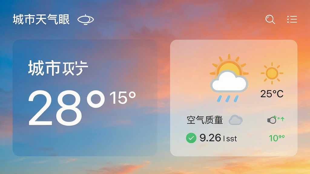 一张展示“城市天气眼”应用主界面的高清截图,界面简洁现代,左侧显示当前城市名称和温度,右侧显示天气图标和空气质量指数,背景为渐变色天空,整体布局清晰,排版规整,风格扁平化,细节丰富,画质清晰干净,无多余元素