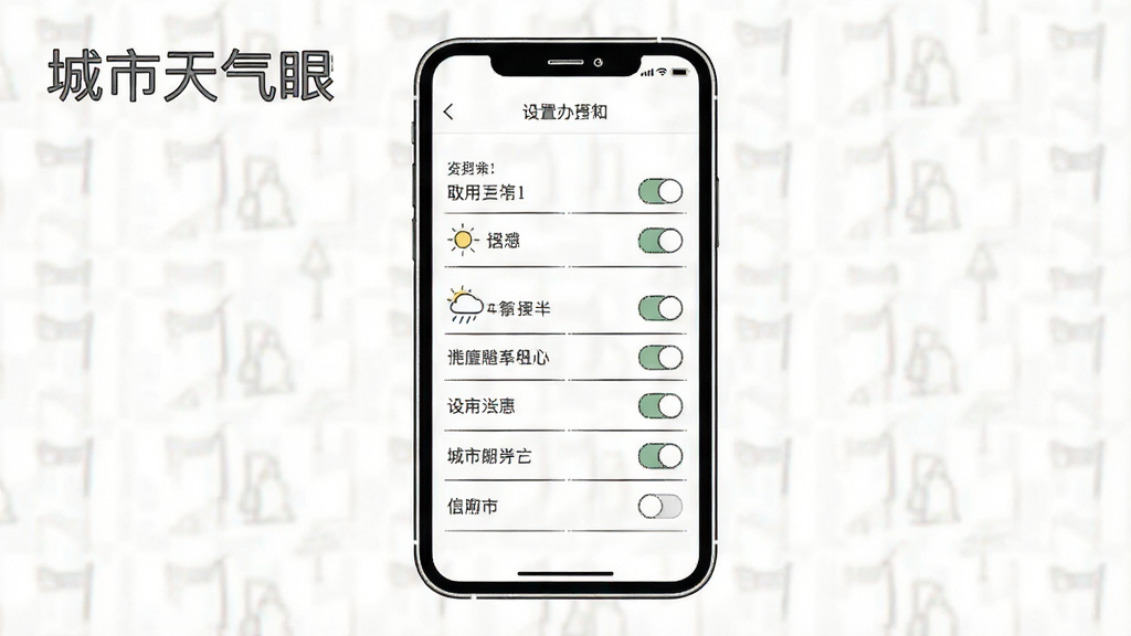 生成一张“城市天气眼”使用教程的示意图,主体为手机屏幕展示应用内设置选项,布局为列表结构,风格为简洁线框,细节包括开关按钮,画质高清干净,无多余元素
