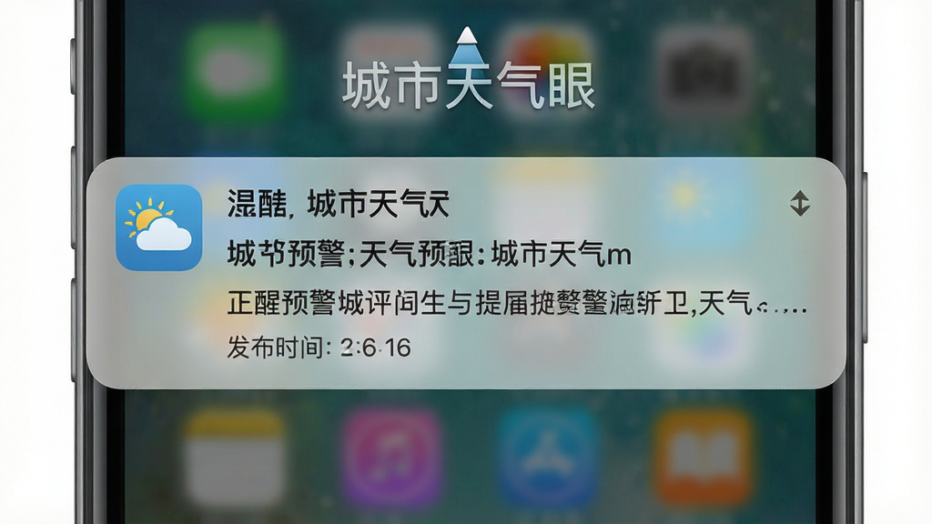 生成一张“城市天气眼”推送预警通知的图片,主体为手机锁屏界面显示一条天气预警通知,布局中央突出预警标题和提醒文字,风格为拟物化,细节包括通知图标和发布时间,画质清晰干净,无多余元素