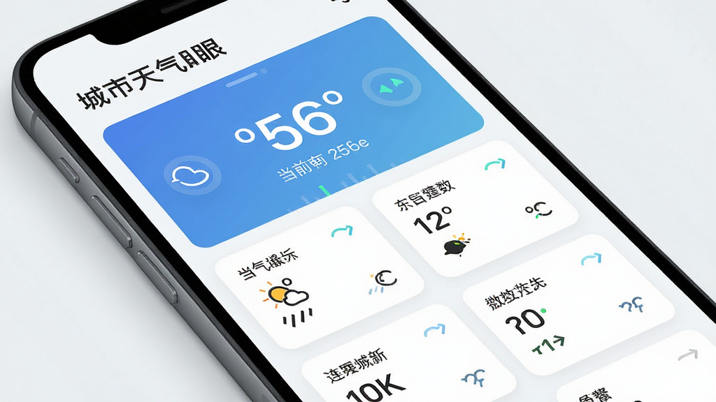 生成一张“城市天气眼”实时数据界面的图片,主体为手机屏幕展示详细的天气数据列表,布局为上下结构,上方为当前温度,下方为各项指标卡片,风格为现代简约,细节包括数据刷新动画,画质高清干净,无多余元素