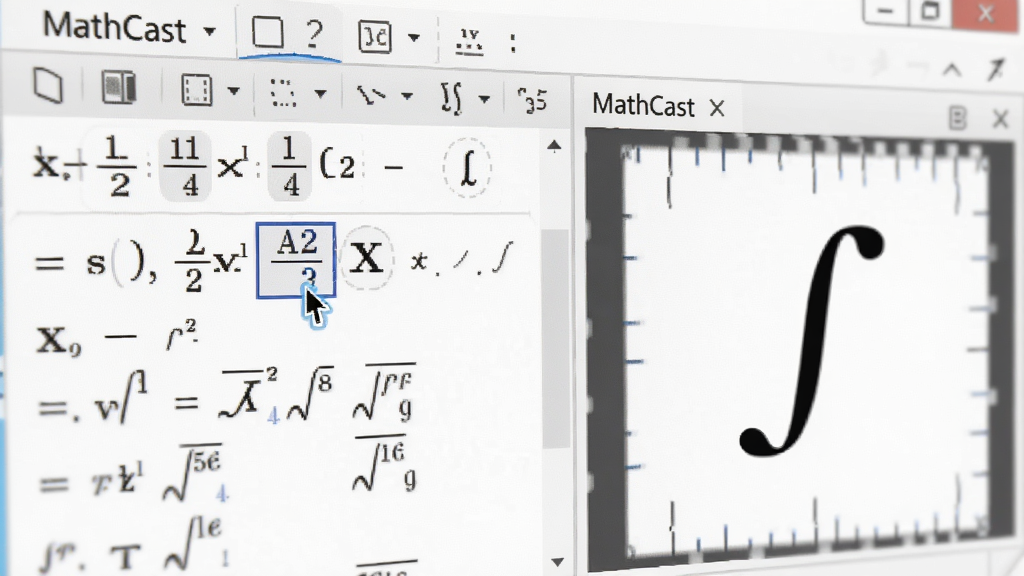 MathCast公式编辑界面特写,展示分数、根号、积分等符号的输入过程,光标闪烁,预览区域同步显示渲染效果,界面明亮,细节清晰,画质干净