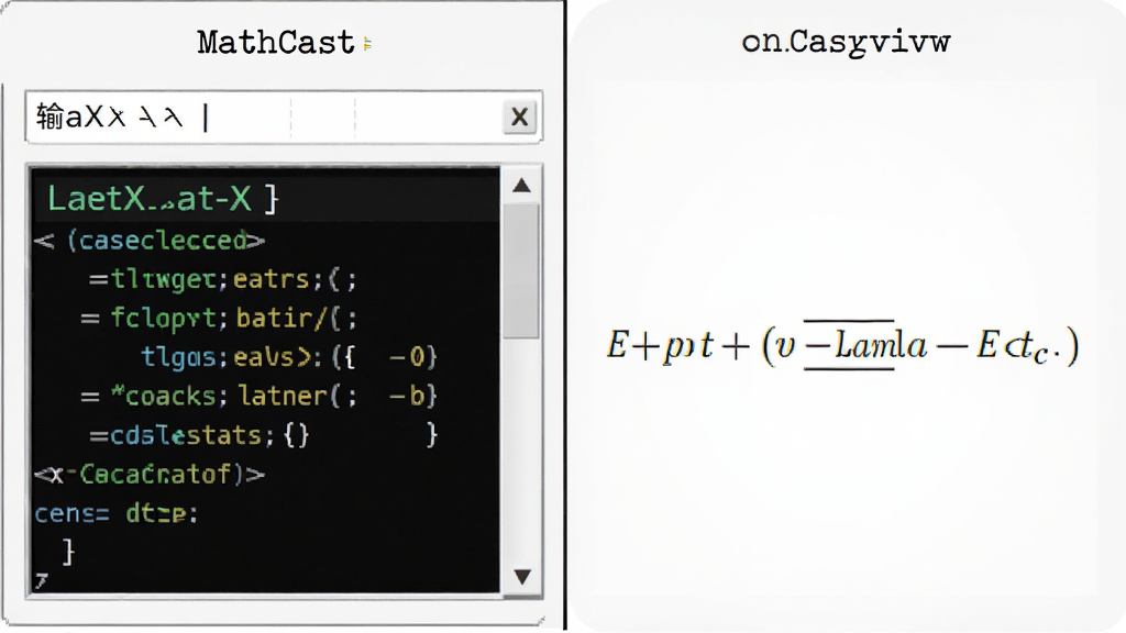 MathCast中LaTeX代码输入框和公式预览对比图,代码高亮显示,预览效果清晰,背景简洁,画质干净