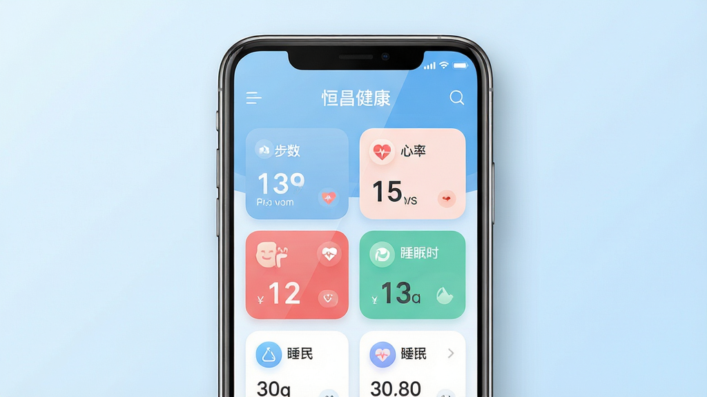 主体:恒昌健康APP主界面展示,手机屏幕清晰显示健康数据看板,包括步数、心率、睡眠时长等卡片。布局:手机居中,界面UI元素整齐排列,背景为浅蓝色渐变色,营造清新医疗氛围。排版:界面中文字标签“恒昌健康”置于屏幕上方,数据卡片有序分布。风格:现代扁平化设计,色彩柔和,图标圆润。细节:屏幕反射柔和光线,手机边缘有细微阴影。画质:4K高清渲染,干净无多余元素,画面纯净。