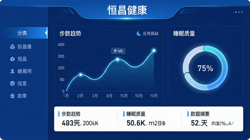 主体:恒昌健康APP数据统计页面,展示折线图和环形图,标注“步数趋势”“睡眠质量”等。布局:图表居中,左侧有分类菜单,整体信息层级分明。排版:标题“恒昌健康”位于顶部,图表下方有数据摘要。风格:商务简洁风,蓝白配色,线条流畅。细节:图表线条带有发光效果,数据点清晰可辨。画质:高分辨率渲染,干净专业,无多余元素。